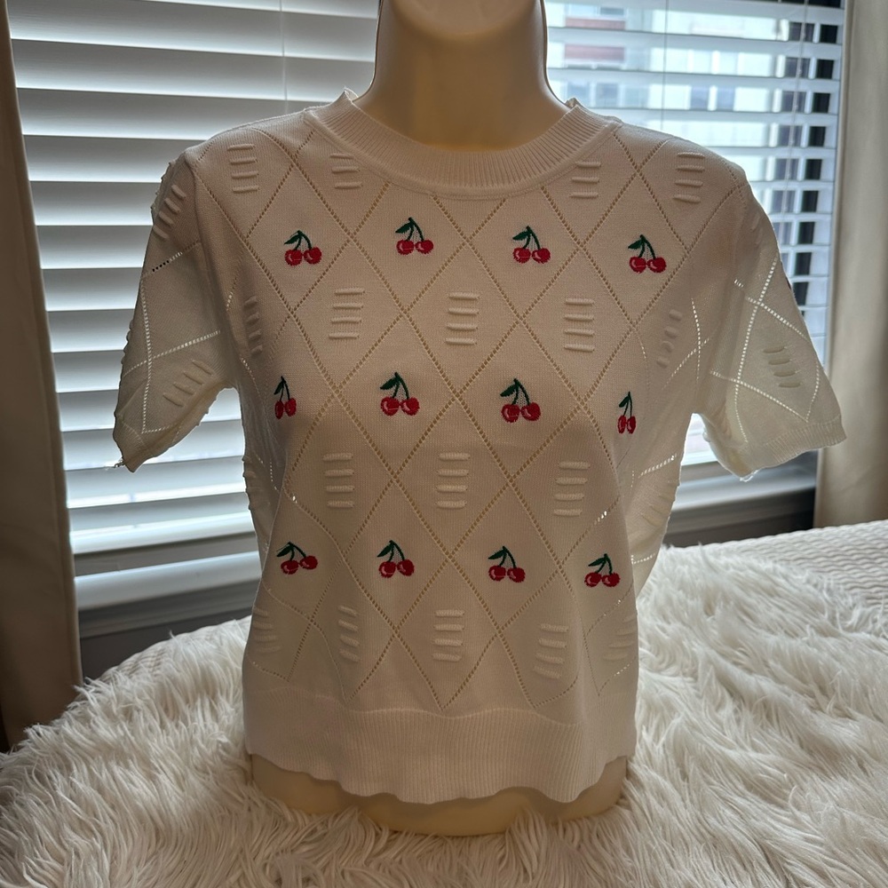 Cherry Patterned White Knit Top - image 1